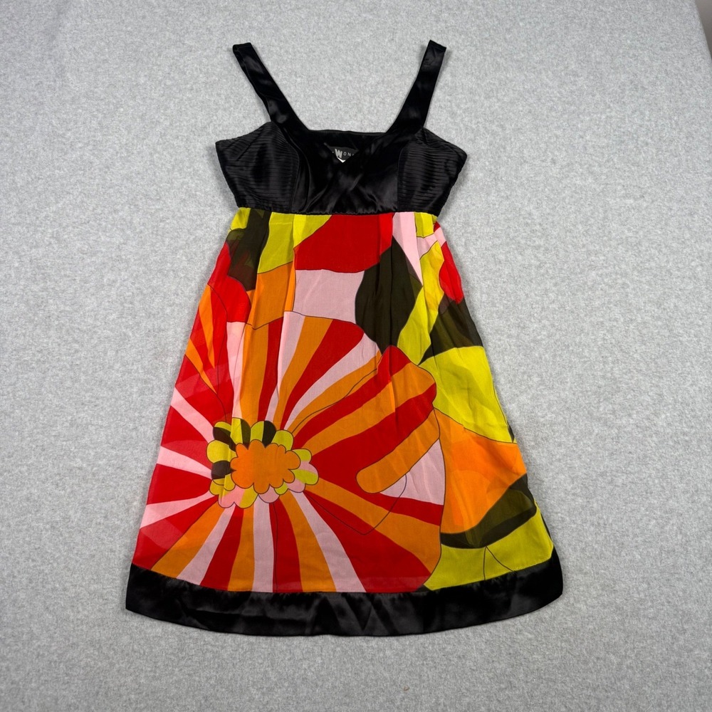 Sue Wong Vintage Y2K 100% Silk Psychedelic Floral Satin Cocktail Dress Size 2